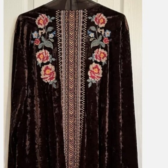 Andree By Unit Embroidered Floral Brown Crushed Velvet Boho Kimono Jacket Sz 1X - Picture 1 of 8
